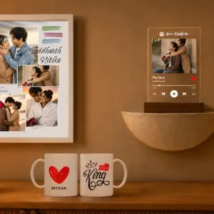 Personalized couple gift hamper with custom name mugs, A4 photo frame and acrylic photo stand