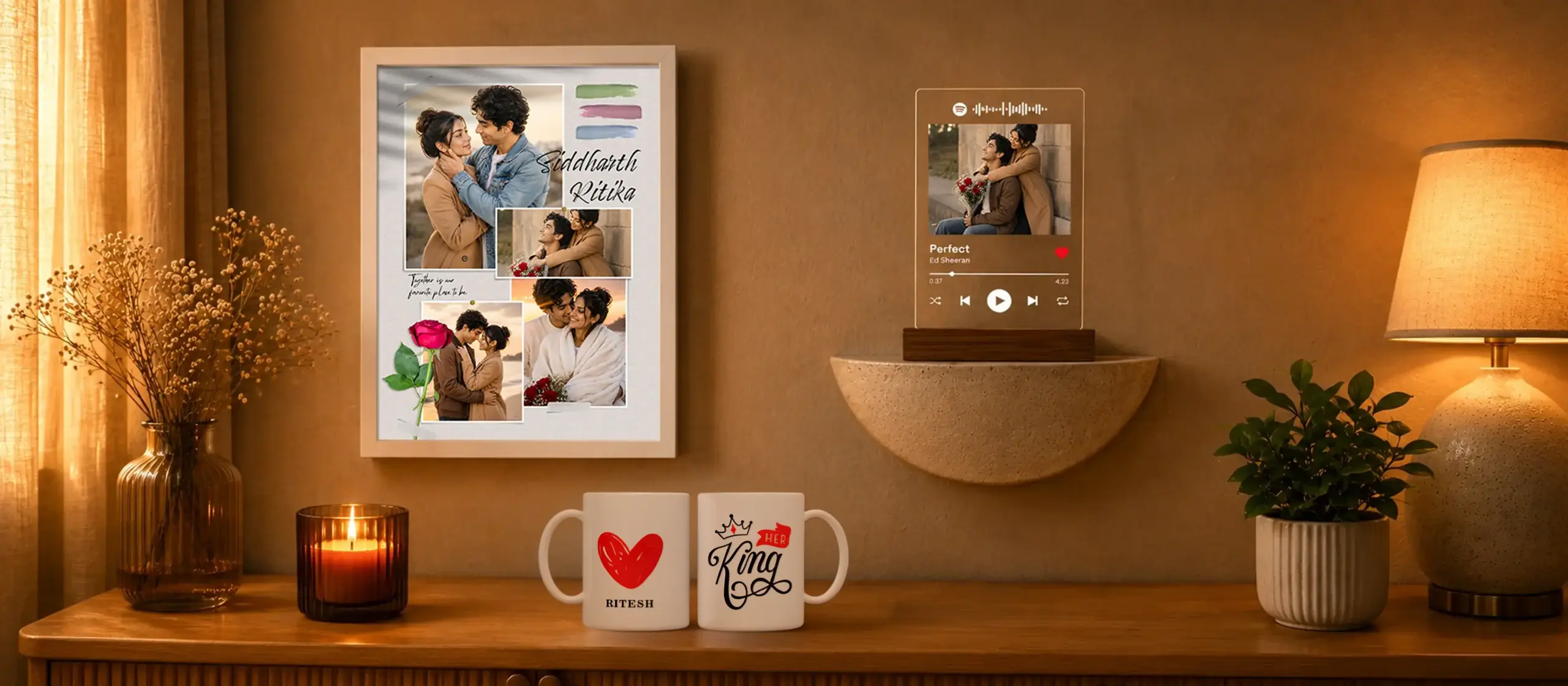 Personalized couple gift hamper with custom name mugs, A4 photo frame and acrylic photo stand