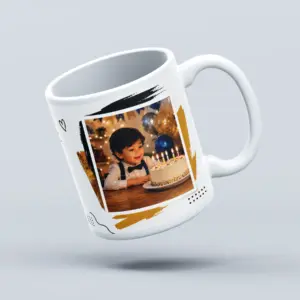 Personalized Happy Birthday photo mug with custom picture and black gold birthday design