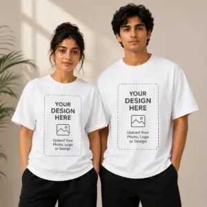 Custom printed white couple t-shirts with upload your own design personalization