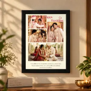 Personalized Happy Wedding black photo frame with four wedding photos