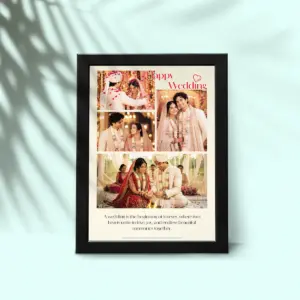 Personalized Happy Wedding black photo frame with four wedding photos