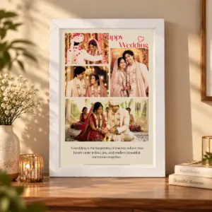 Personalized Happy Wedding white photo frame with four wedding photos